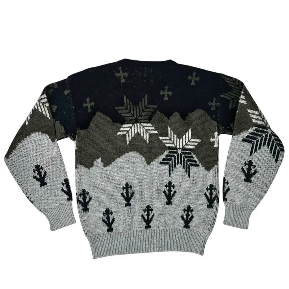 Vintage Circuit Grey Knit Sweater Fair Isle Snowflake Tree Men Sz M